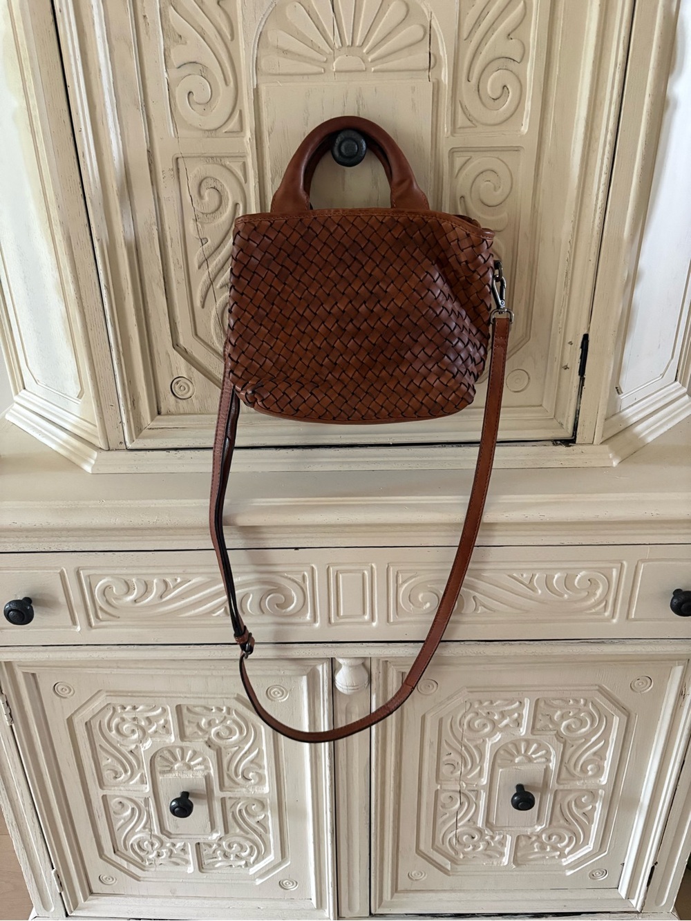 Woven Leather Top-Handle Crossbody Bag - Brown